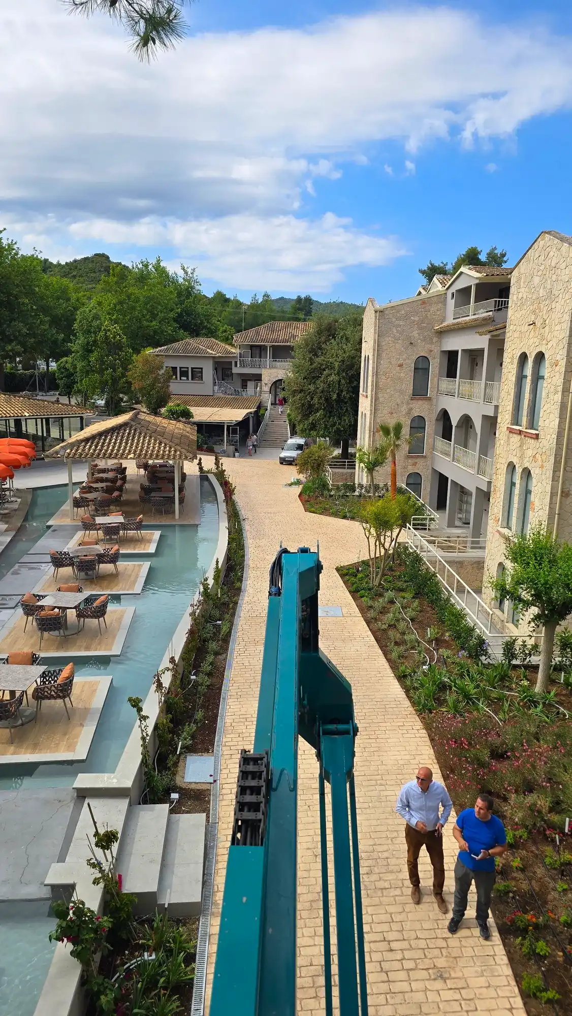 View from the aerial platform basket over a hotel garden