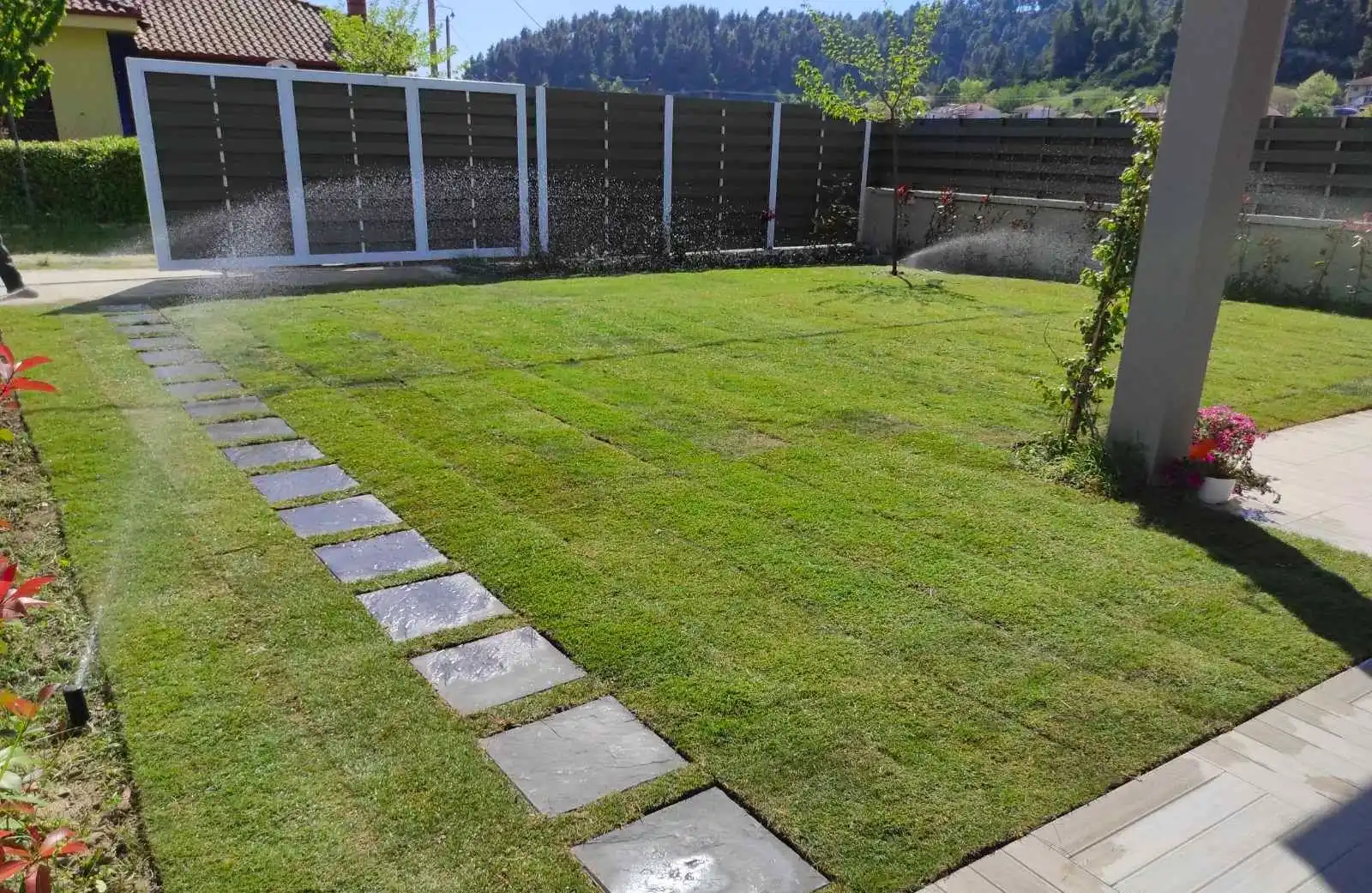 Pop-up sprinklers running over a lawn with a stepping-stone path